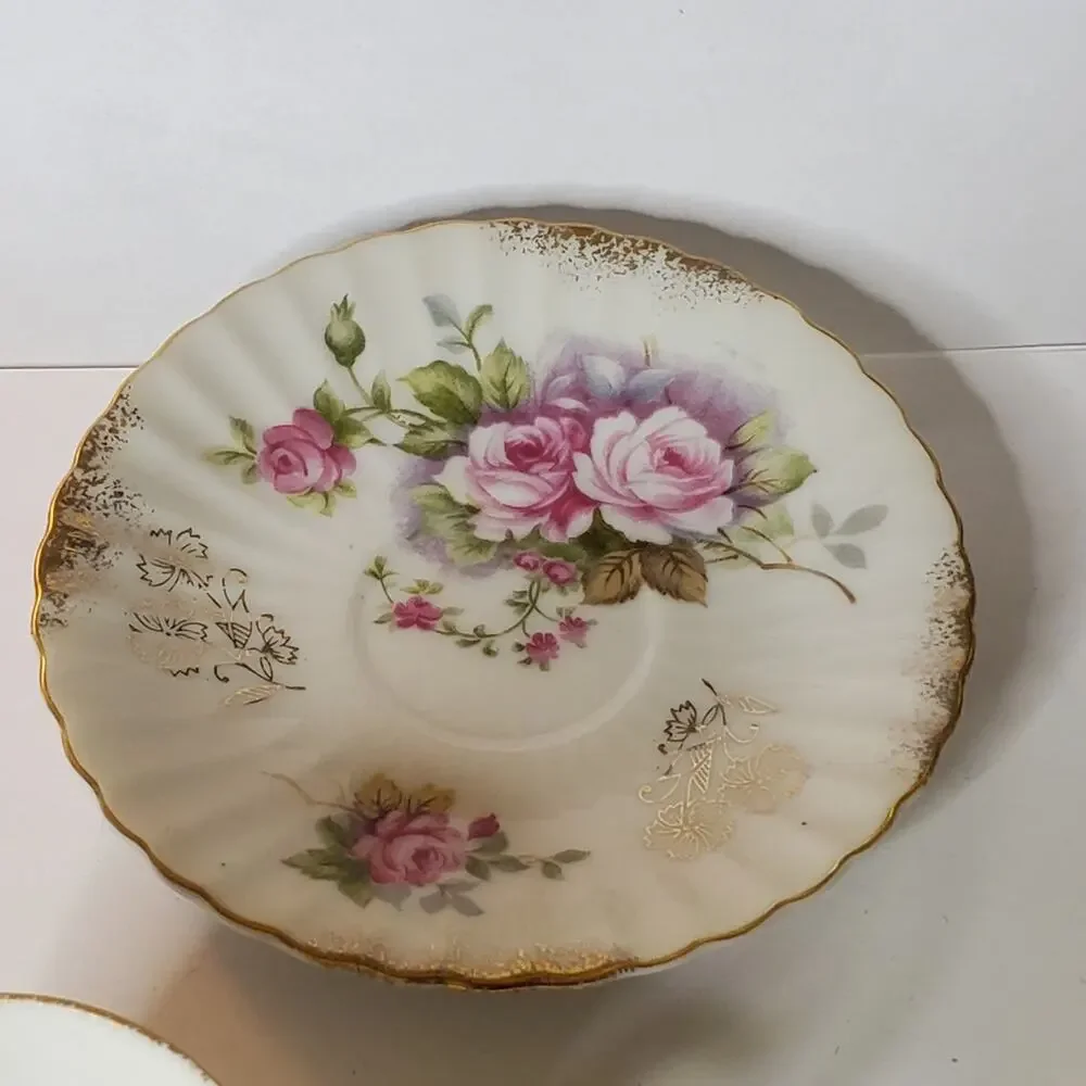 Vintage Mid Century Marco Tea Cup and Saucer Set pink rose gold trim Great condi